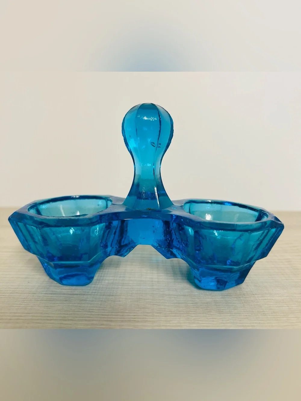 Vintage Art Deco Blue Glass Salt & Pepper Cellar Stand - Double Pinch Dip Stand
